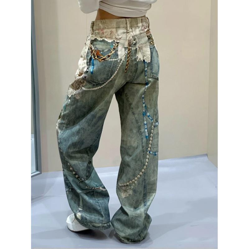 Lace Print Retro Wide-Leg Jeans
