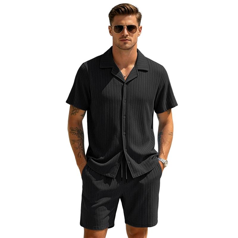 Set da Spiaggia Estivi da Uomo Tuta Casual da Strada Set Due Pezzi per Sport all'Aperto Camicia a Bottoni Liscia Pantaloncini con Coulisse Abbigliamento Sportivo