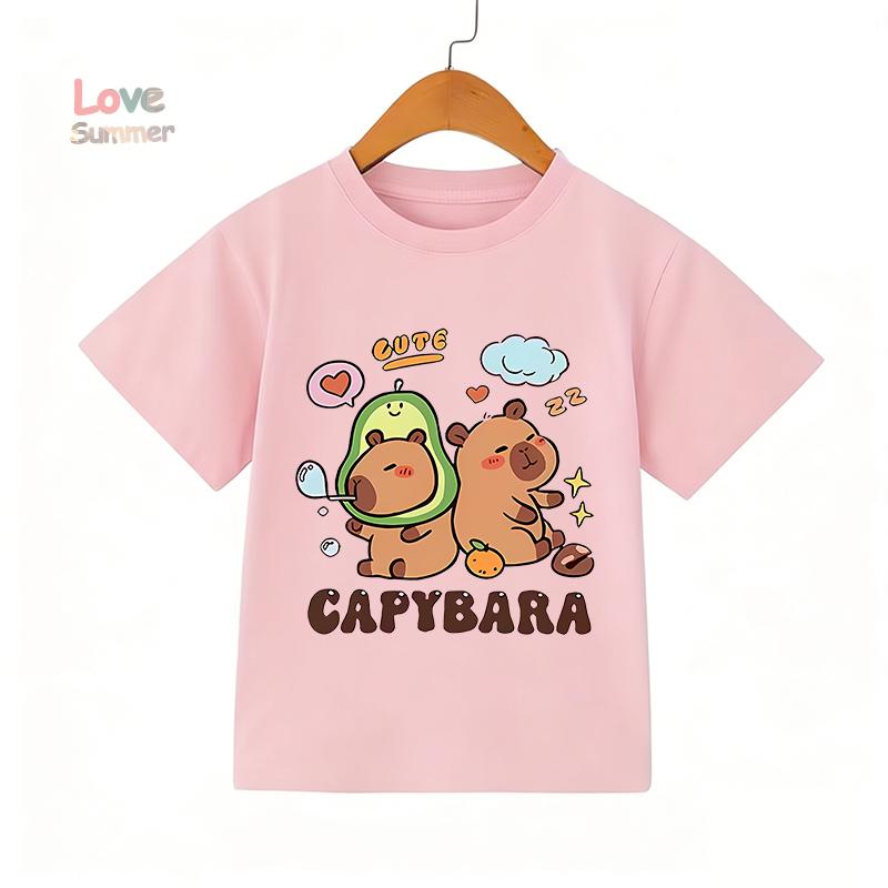 2026 Summer 4-14 Yrs Girls Casual Short-Sleeve T-Shirt Cute Capybara Design Comfortable Fabric for Everyday Outdoor Activities