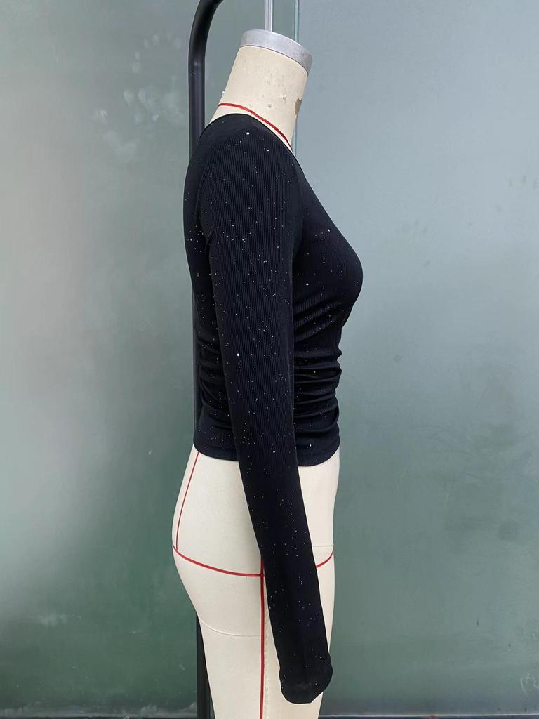 European Hot Girl Rhinestone Off-Shoulder Long Sleeve Knit T-Shirt - 2025 Spring Slim Fit Top