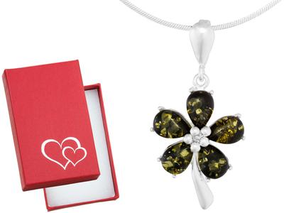Short Silver Necklace Flower With Green Amber Flower Choker 32 Cm