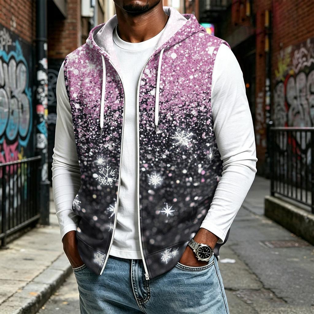 Men's Hooded Sleeveless Casual Zip-Up Sports Vest with Christmas Print Holiday Party Outfit