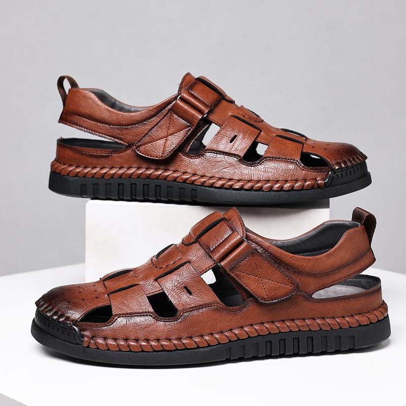 Leather Sandal for Men Round Toe Light Comfortable Mens Sport Sandals Trendy All match Breathable Non slip Beach Shoes