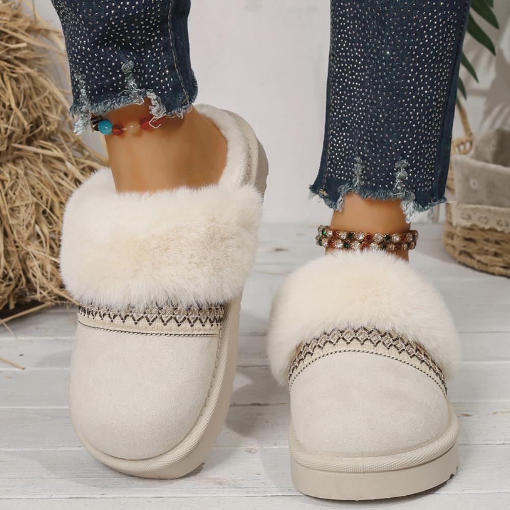 Fashion Bohemian Style Thick Bottom Cotton Shoes Women 2025 Winter Closed Toe Faux Fur Slippers Woman Slip On Outdoor Platform Shoes