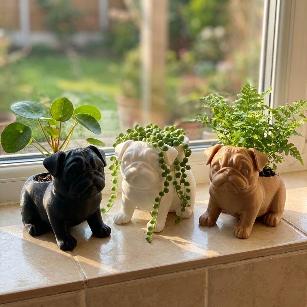 3D Printed Animal Shaped Pot Plastic Pug Figurine Plant Holder Desktop Display