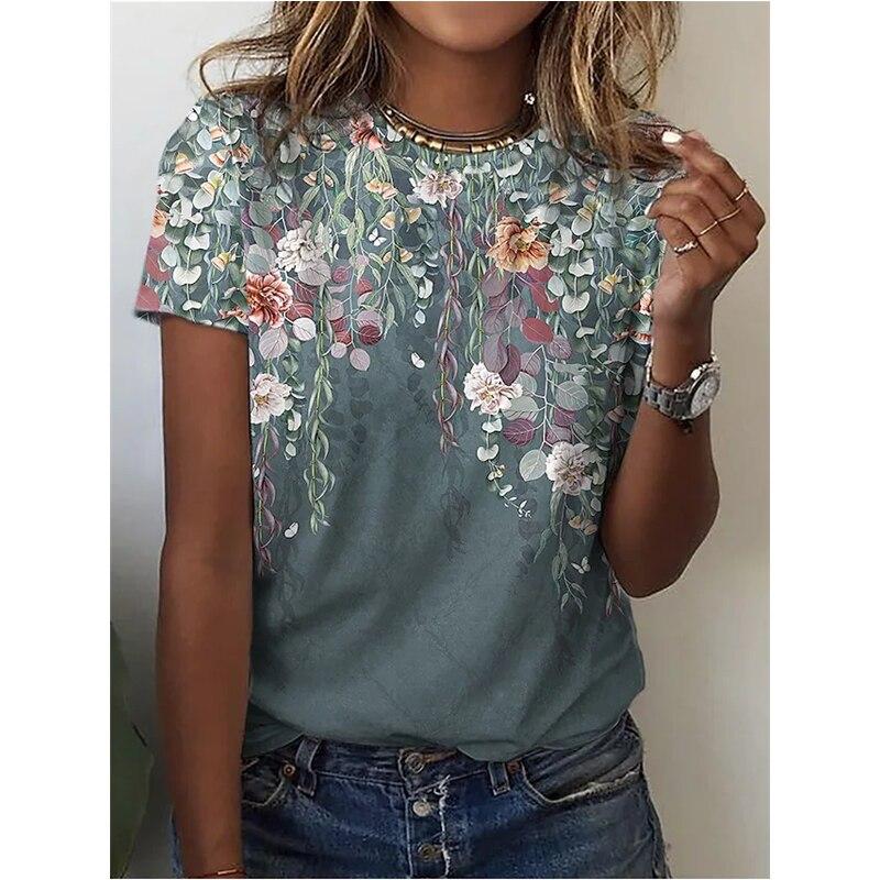 Summer Floral Flower Graphic T-Shirts 3D Print Women's Round-Neck Short Sleeve T Shirt Harajuku Tees Y2k Tops Female Clothing