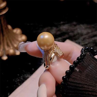 Anel de pérola amarela estilo corte vintage feminino abertura indústria pesada luxo requintado acessórios de banquete elegantes