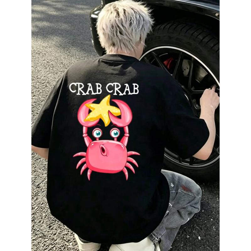 Crewneck T Shirt Black Crab Cartoon Print with Star And Text Crab Crab Casual Wear for Men Streetwear Fashion Summer Outfit