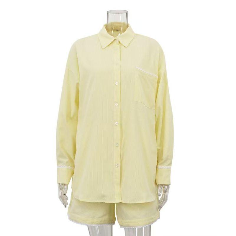

Western Style New Fashion Lapel Loose Long sleeve Shirts Shorts Set Shirt Shorts Suit Set Yellow L