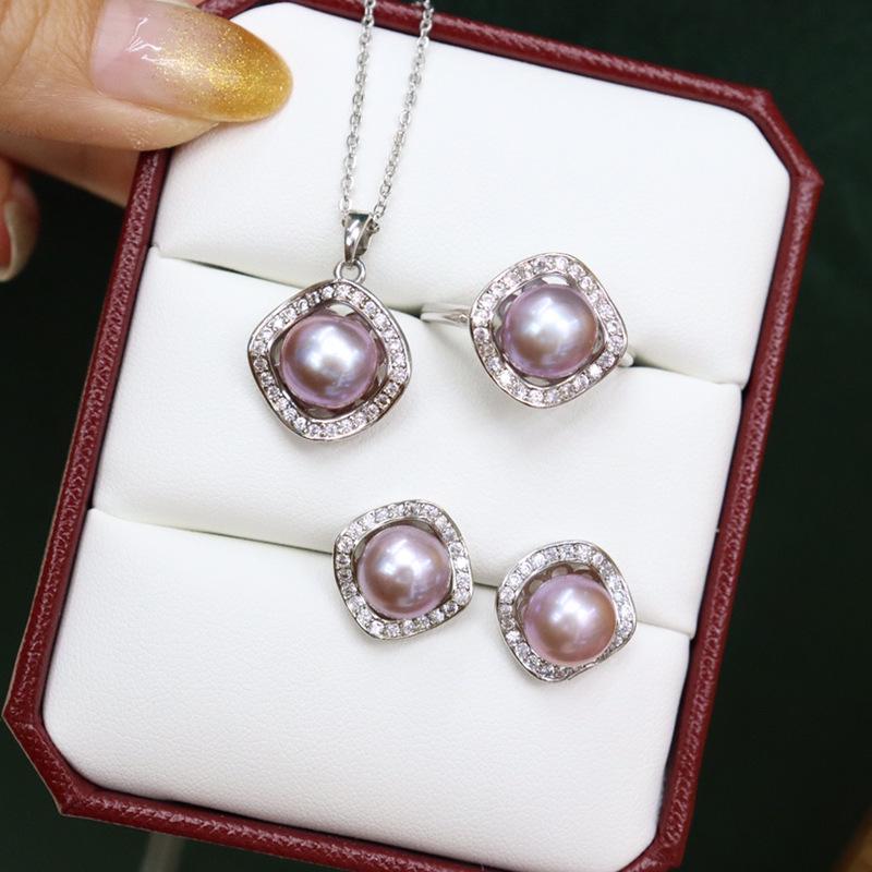 Elegant 8-9mm Freshwater Pearl Necklace, Silver Stud Earrings, and Ring Set for Women