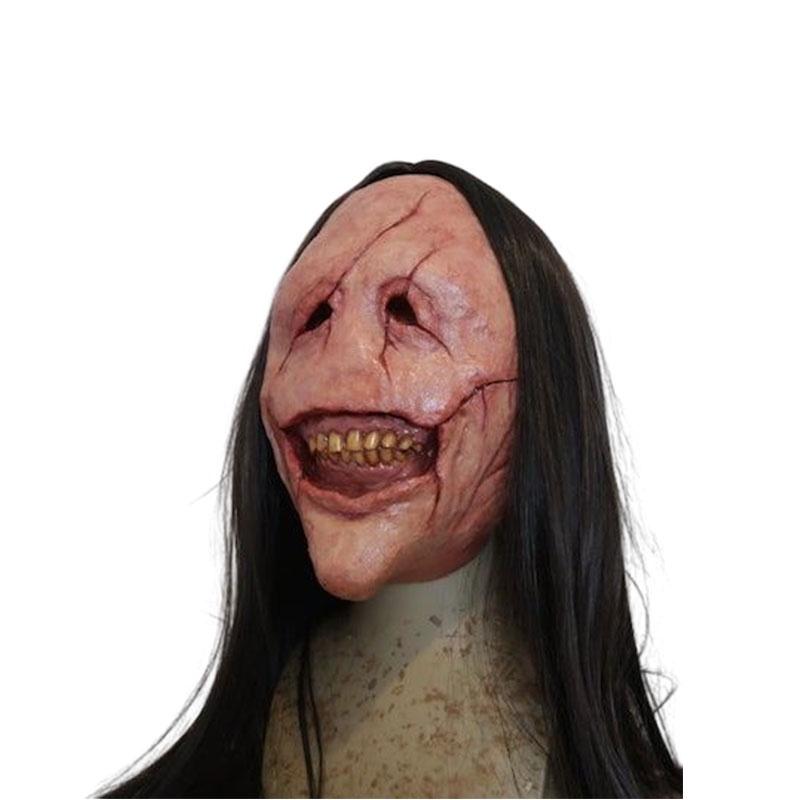 Halloween Horror Demon Mask With Long Hair Red-faced Devil Mask With Exposed Teeth