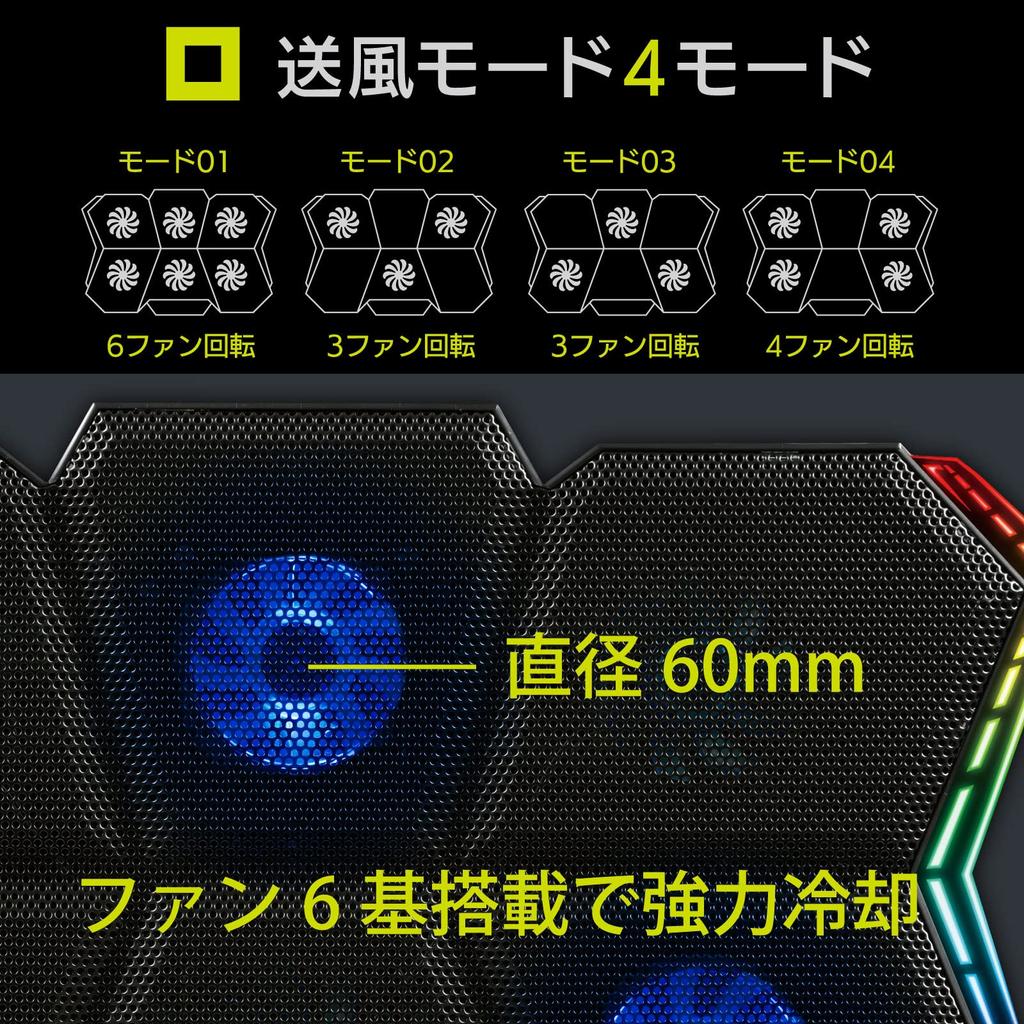 Refroidisseur pour ordinateur portable OHM Electric PCGEAR à 6 ventilateurs, ventilateur CPU et support pour ordinateur portable, Refroidissement silencieux, PC-SCRGB-K 01-0045, Noir