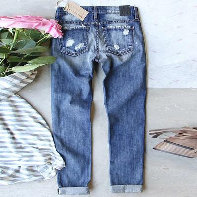 Clover Printed Patch Ripped Jeans Women's Straight Mid-Waist Pants