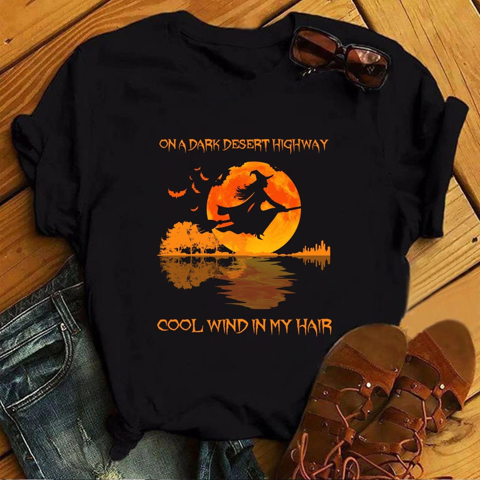 Retro Witch Halloween Shirt, In A Dark Desert Highway Cool Wind In My Hair Lyric L