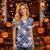 Women's V-Neck Short Sleeve Scrub Top with Pockets Halloween Print Caregiver Work Shirt