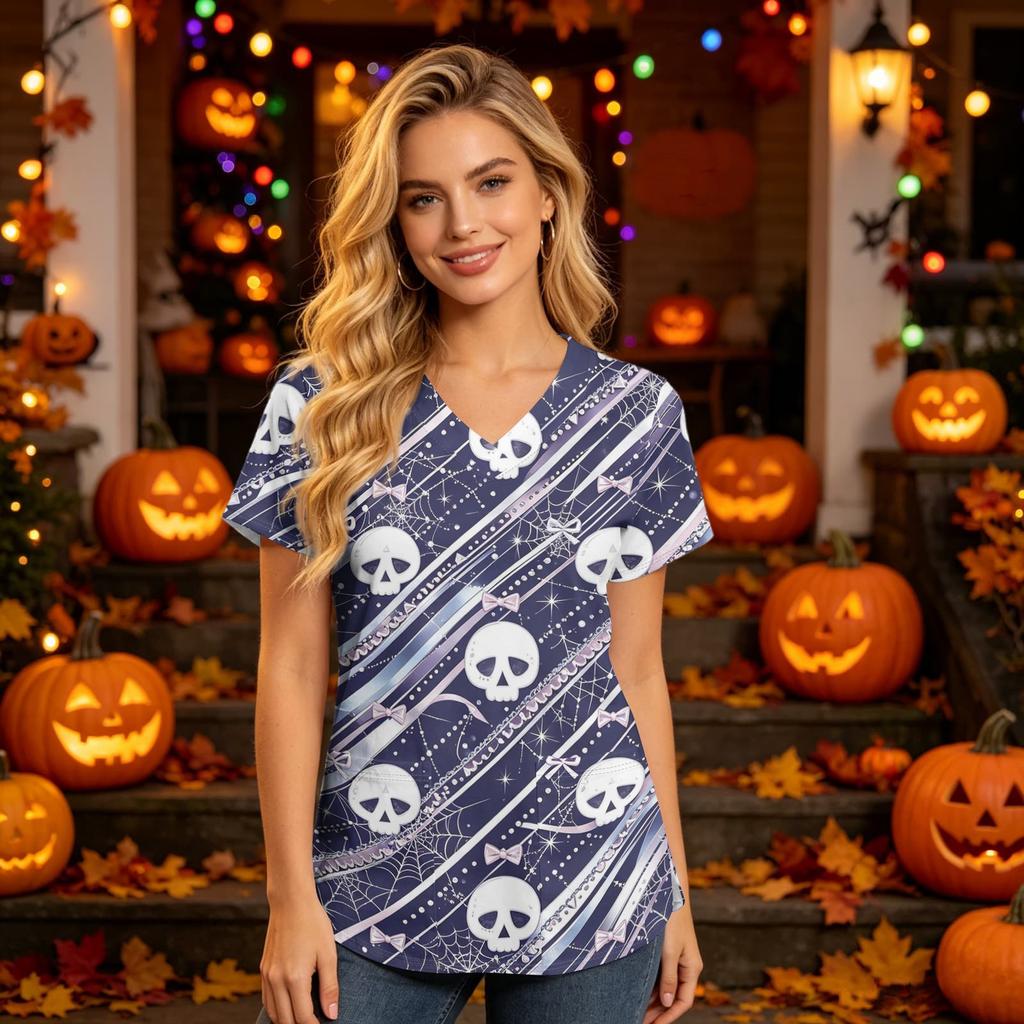 Women's V-Neck Short Sleeve Scrub Top with Pockets Halloween Print Caregiver Work Shirt