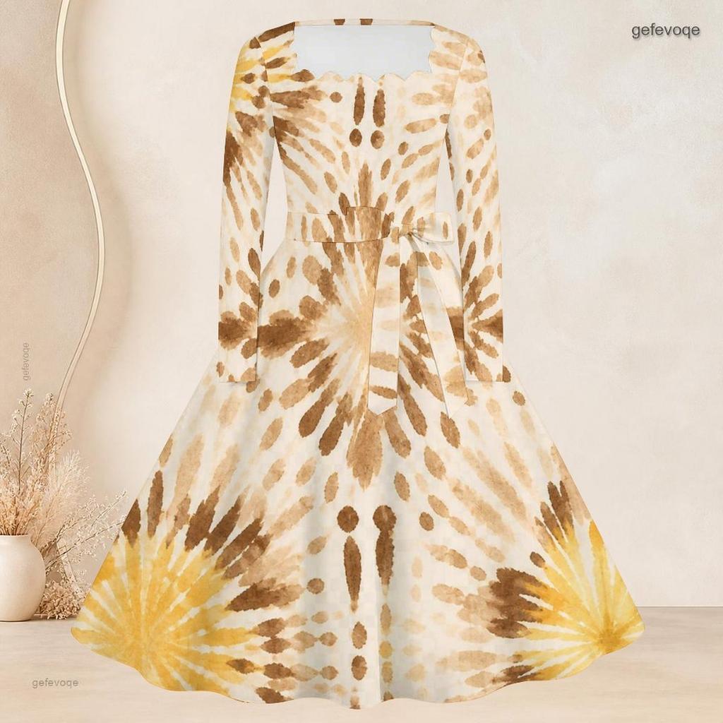 Women Plus Size Square Neck Long Sleeve Printed Tie Waist A Line Dress
