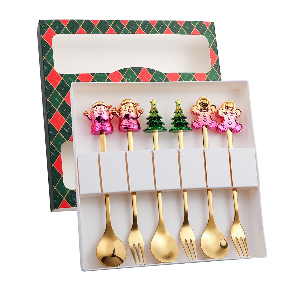 Cartoon Santa Claus Christmas Tree Coffee Dessert Spoon & Fork Gift Set