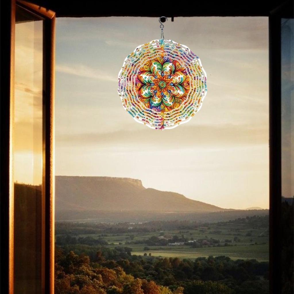 Vibrant 2D Metal Wind Chime for Outdoor Garden Decor Durable Anodized Windmill with Colorful Ribbons West Siberian Mandala Design