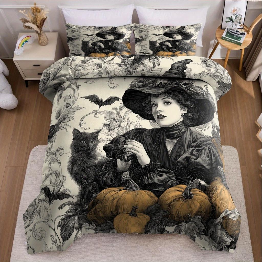 3pcs Halloween Pumpkin Monster Duvet Cover Set without Core Quilt Cover with 2 PillowcasesSoft and Machine Washable Duvet Cover