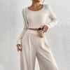 Women's Color Rib Knitted Trousers Mid-Waist Slimming Long-Sleeved Casual Suit