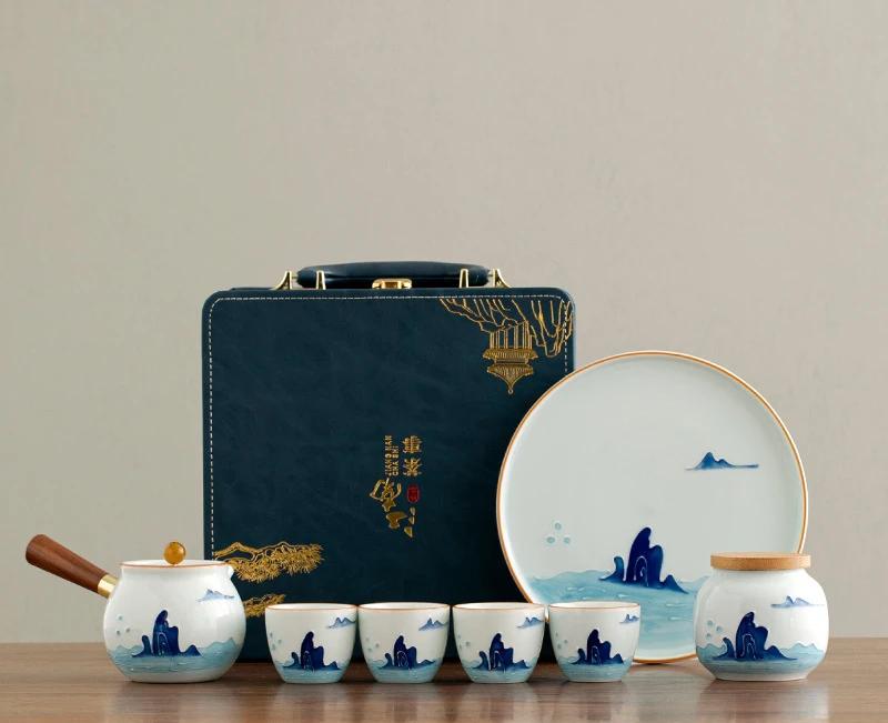 

Hand-painted portable tea set side handle pot Travel Teapot and Cup set Outdoor one pot of four cups with tea pot with tea tray