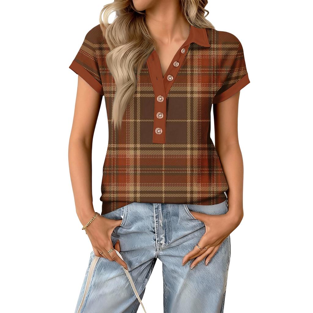 Women's fashionable and casual summer V,neck patchwork short,sleeved plaid print top