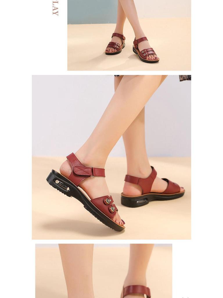 Flache rutschfeste Sandalen für Damen im Sommer für Frauen mittleren Alters, weiches Leder mit Luftkissen