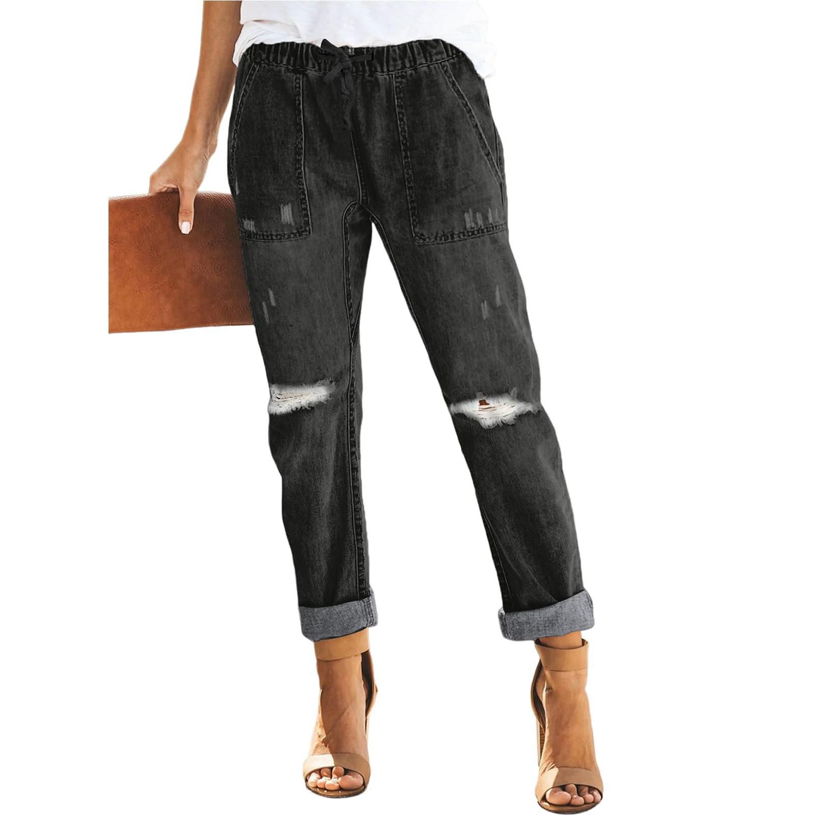 

Women s Loose And Casual Trend Ripped Casual Fashion Straight Leg Jeans L чёрный