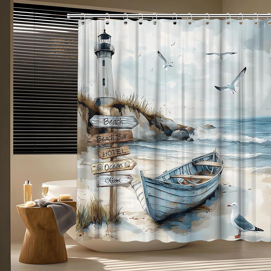 Nautical Coastal Shower Curtain Ocean Beach Lighthouse Seasides Sailboat Seagull Wild Grass Sea Waves Watercolor Seascape Bath