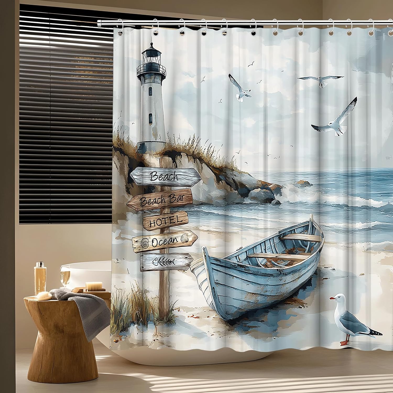 Annier Nautical Coastal Shower Curtain Ocean Beach Lighthouse Seasides Sailboat Seagull Wild Grass Sea Waves Watercolor Seascape Bath