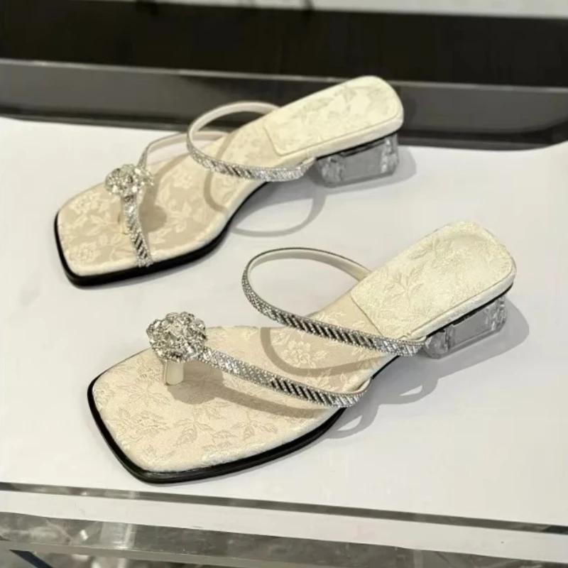 2025 Fashion summer women's sandals outdoor crystal open-toe shoes thick heel elegant and comfortable slippers beach flip-flops