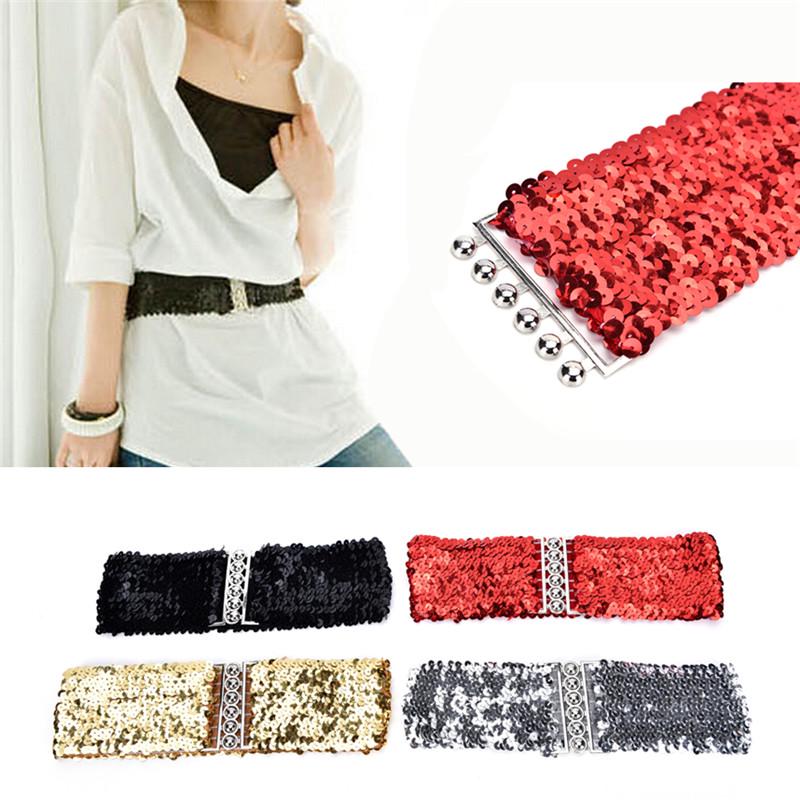 Bling Womens Rivet Sequins Elastic Stretch Wide Waist Belt Waistband Slim Casual