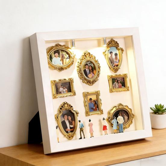DIY Mini Museum Box with Small Golden Frames Figurines Lamps Photo Frame Shadow Box Family Memory Display Case Home Decoration