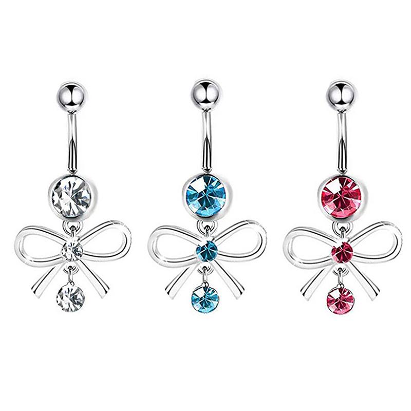 Pink Zircon Belly Button Rings Dangle Heart Butterfly Navel Piercing Stainless Steel Belly Bar For Women Body Piercing Jewelry