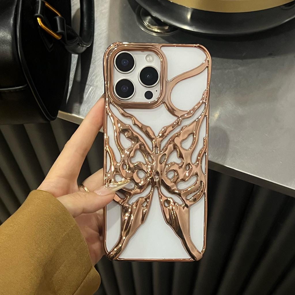 Fashion Plating Hollow Butterfly Pattern Case for iPhone 16E 15 14 13 12 11 Pro Max Matte Shockproof Heat Dissipation Back Cover