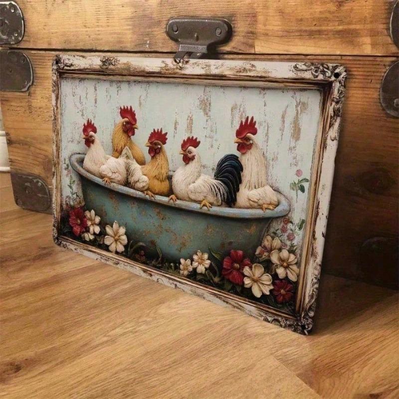FLEUR Dekorativní cedule ve stylu farmy 8x12 palců Rustikální kovové nástěnné umění, Hliněná kuřecí dekorace do kuchyně koupelny domova kurníku, Vintage