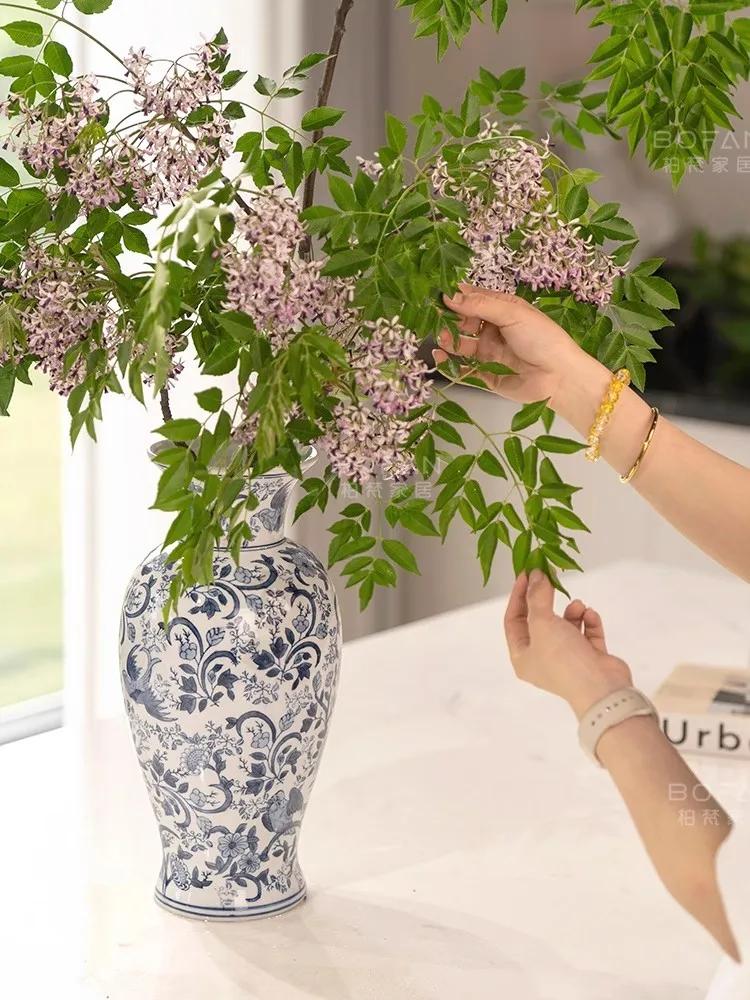 38.5cm/Chinese Ceramic Vase Decoration Living Room Entrance Flower Arrangement Decoration Home Antique Shelf Blue and White