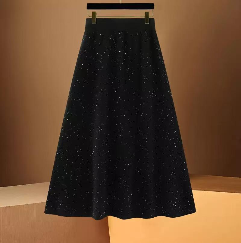 High-Waisted A-line Wool Sequin Umbrella Skirt – Mid-Length Slimming for Autumn/Winter One Size