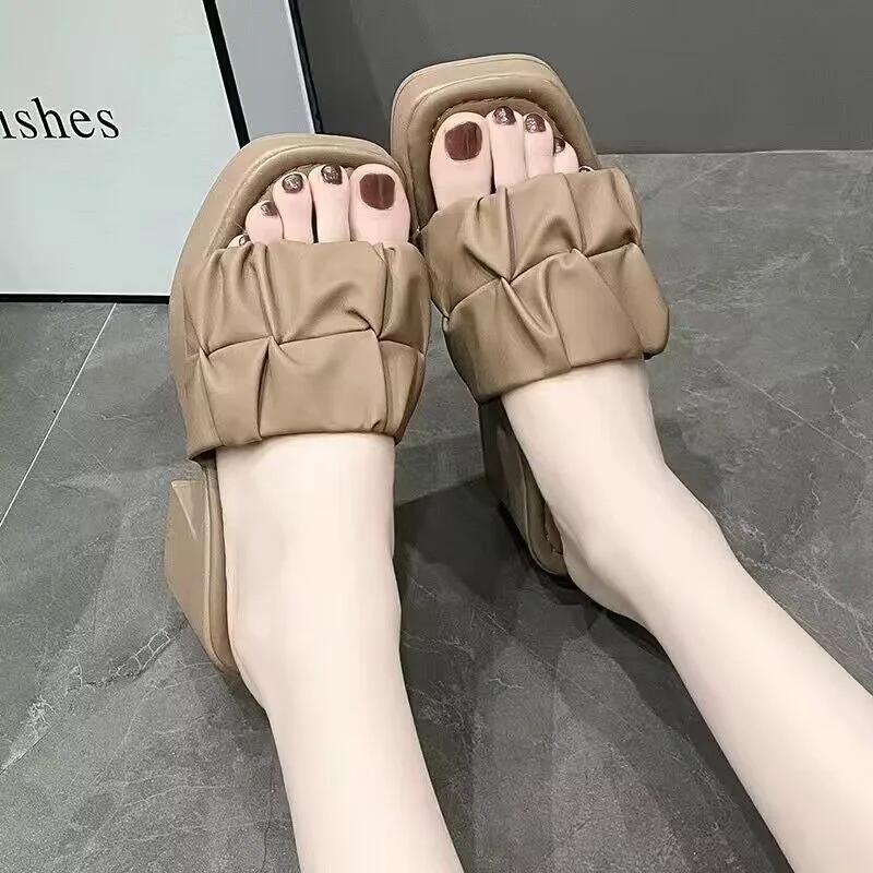 Fashion Summer High-heeled Casual Women Fish Mouth Shoes Ladies Shoes On Sale Fashion New Square Toe Anti-wrinkle Women's Slippers