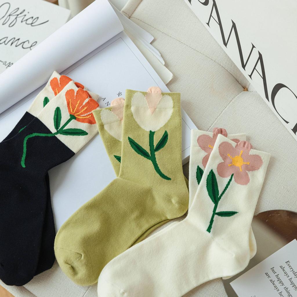 Tulip Socks For Women Fashion Personality Three-Dimensional Flower Women'S Socks Mid-Leg Socks Trendy Stockings Xiaohongshu Same Style