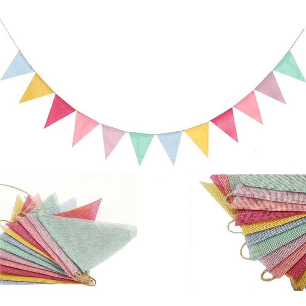 1PC Vintage Colorful Burlap Linen Bunting Flags Pennant For Happy Birthday Party Wedding Decoration Candy Bar