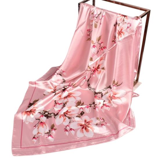Exquisite Sunscreen Decorative Silk Scarf Women Elegant Peach Blossom Pattern Square Shawl Costume Accessories