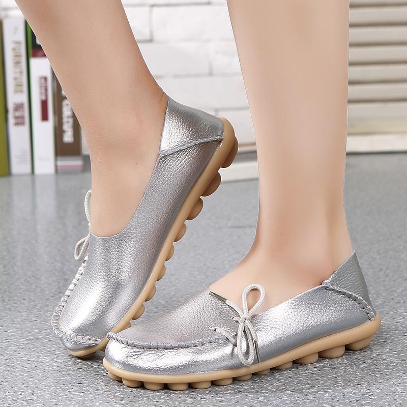 New Moccasins Women Flats  Autumn Woman Loafers Genuine Leather Female Shoes Slip On Ballet Bowtie Women'S Shoes Big Size