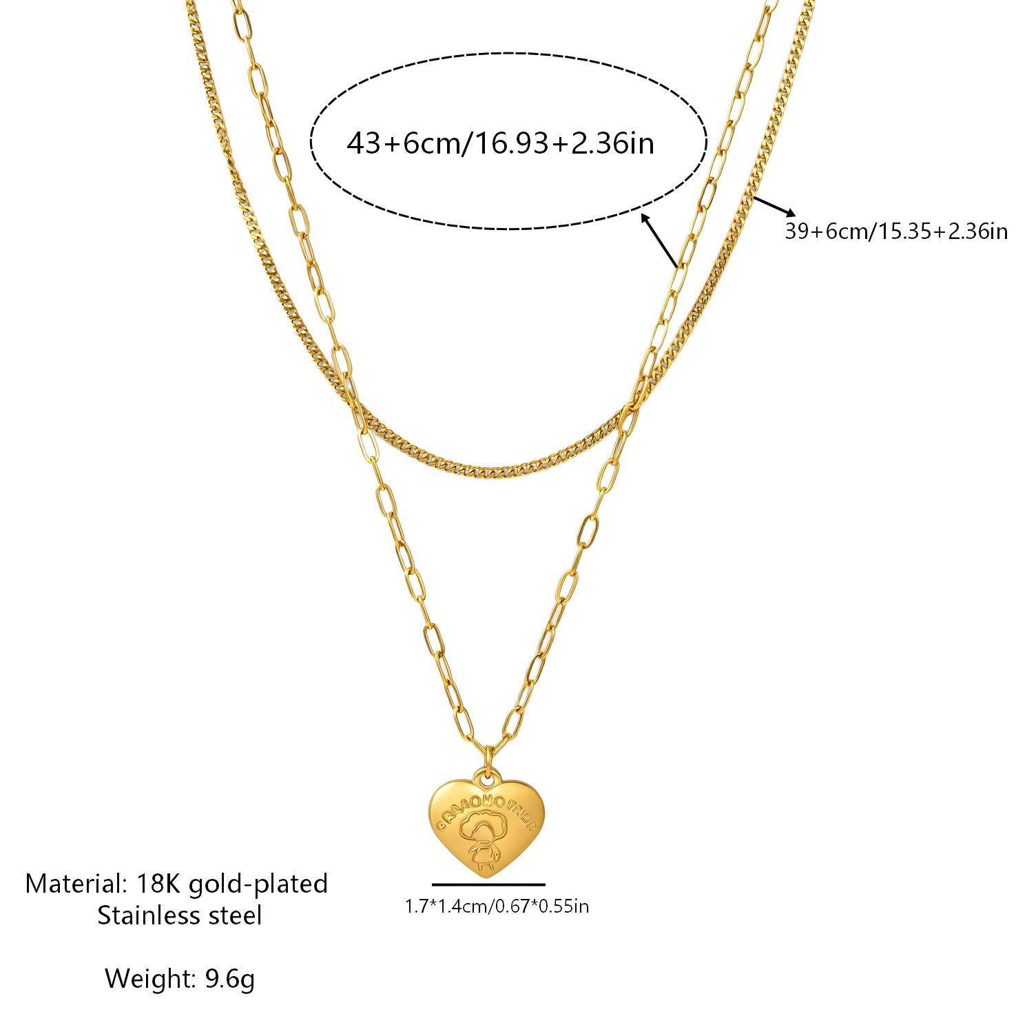 18K Gold Plated Heart Pendant Necklace with Engraved Double Layer Chain 18K