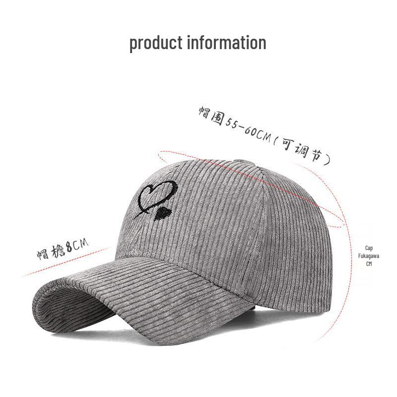 Unisex Versatile Corduroy Heart Baseball Cap with Hard Brim, Adjustable for Sun Protection In Spring and Autumn.