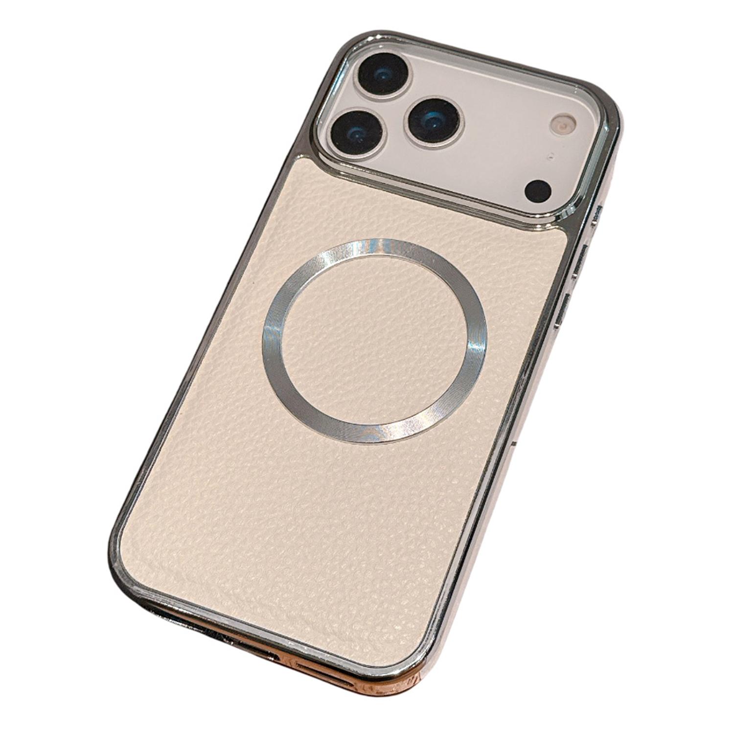 For iPhone 17 Pro Max Magnetic Case Electroplating Litchi Texture PU TPU PC Phone Back Cover D