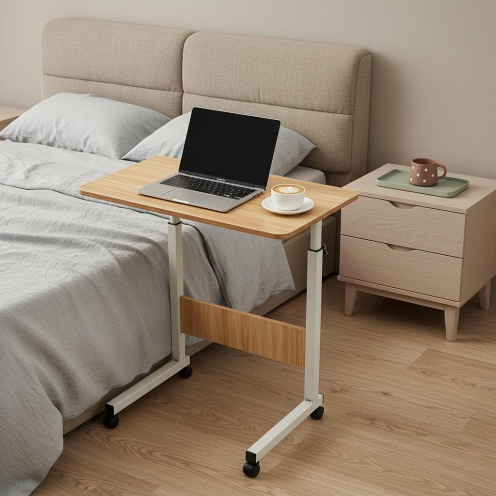 Height-Adjustable Mobile Laptop Desk – Rolling Computer Table with Lockable Wheels – White & Wood – 40 x 40 x 70-90 cm
