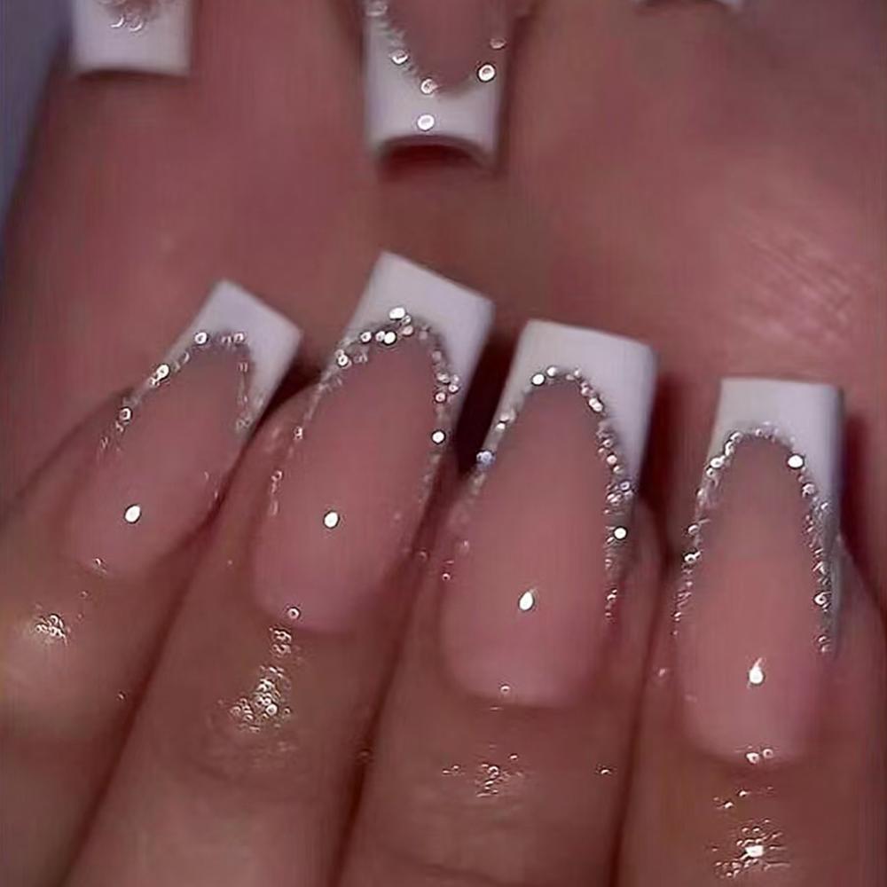 24Pcs Short Square Coffin False Nails French Glitter Wearable Fake Nails Acrylic Full Cover Women Ballet Press On Nails Tips