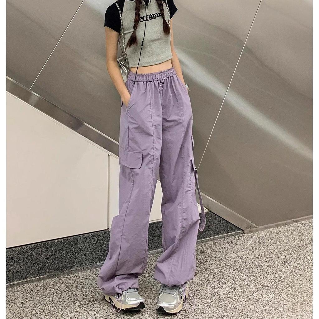 Retro Purple High-Waisted Straight-Leg Cargo Pants - Spring Loose-Fit Sport Wide-Leg Style
